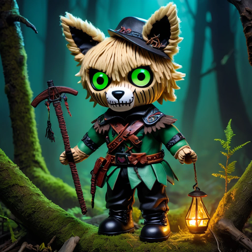 (knitted toy voodoo doll:1.7), (Voodoo Wolf Ranger:1.3), (Clothing: tattered forest ranger's uniform with dark symbols:1.0), (Accessories: enchanted crossbow, glowing sinister traps:1.2), (background: haunted forest with floating, glowing spectral animals and eerie mist:1.2), best quality, masterpiece, detailed soft oil painting, detailed background, dramatic cinematic lighting, soft edge lighting, professional, dramatic lighting, hard edge lighting, ultra quality, 4k, masterpiece, best quality, 8k, ultra high definition, high resolution, extremely detailed