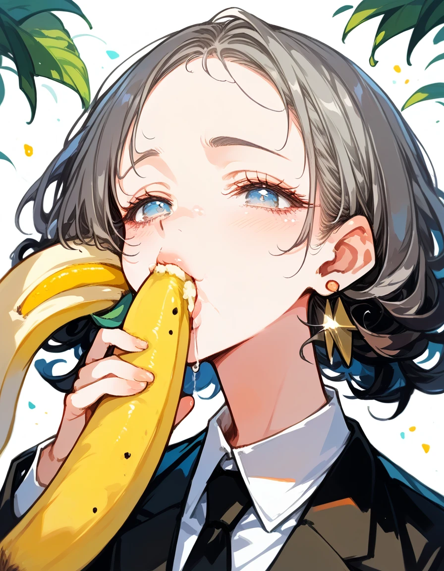 (masterpiece, best quality: 1.2), 1.Curly Secretary,Sexy eyes,Head close-up,Moist sexy lips,A lot of saliva ,eating banana,earrings((Black business attire))