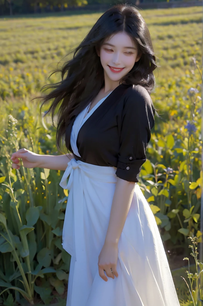 Lady smiling brightly in the field,Simple and neat clothes,Black hair and black eyes,Perfect face,