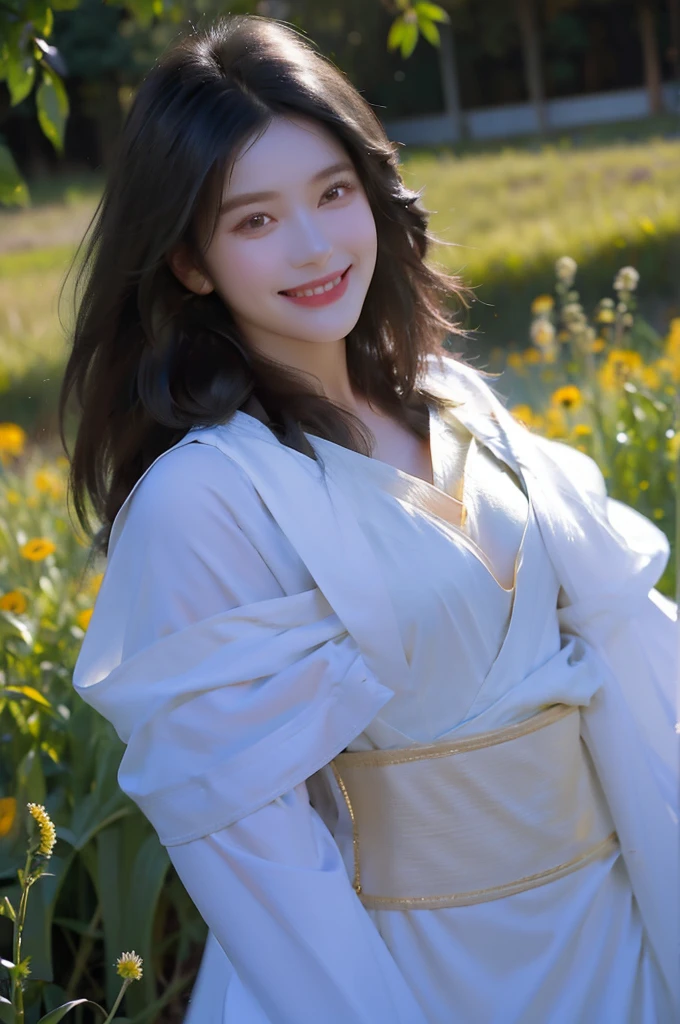 Lady smiling brightly in the field，Simple and neat clothes，Black hair and black eyes，Perfect face，