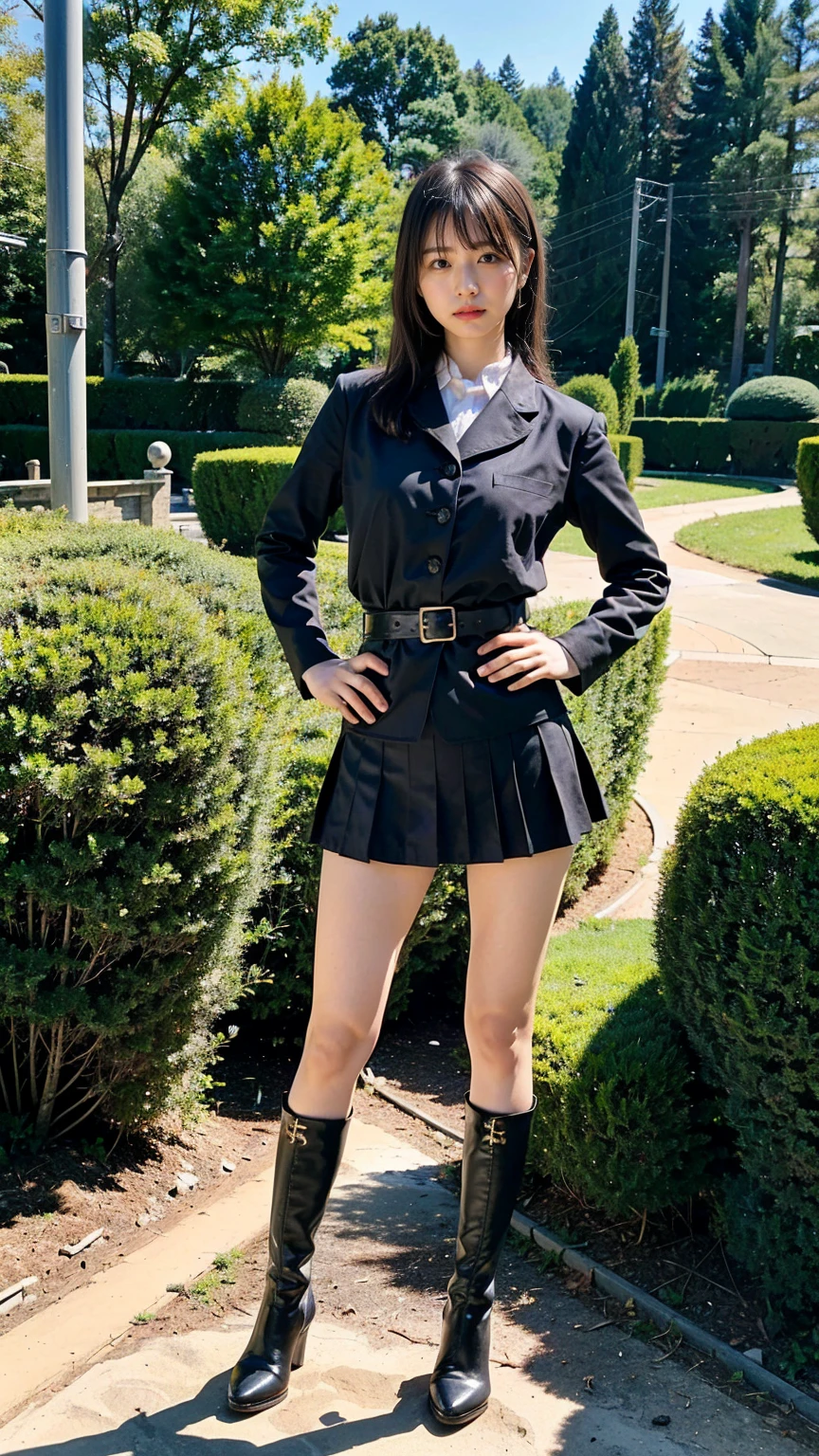 (8k、RAW Photos、Highest quality、masterpiece:1.2)、(Realistic、Realistic)、1 Girl、((suit、Black Mini Skirt、Medium Hair、boots、garden、View from the front、Looking at the camera、belt、Hands on your hips))、cute
