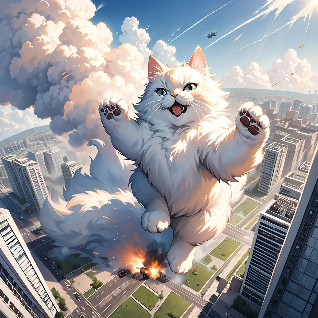 Photography,realistic,portrait,cute giant fluffy cat obliterating large city,tanks,jets,army,highrise,kicking through a building,