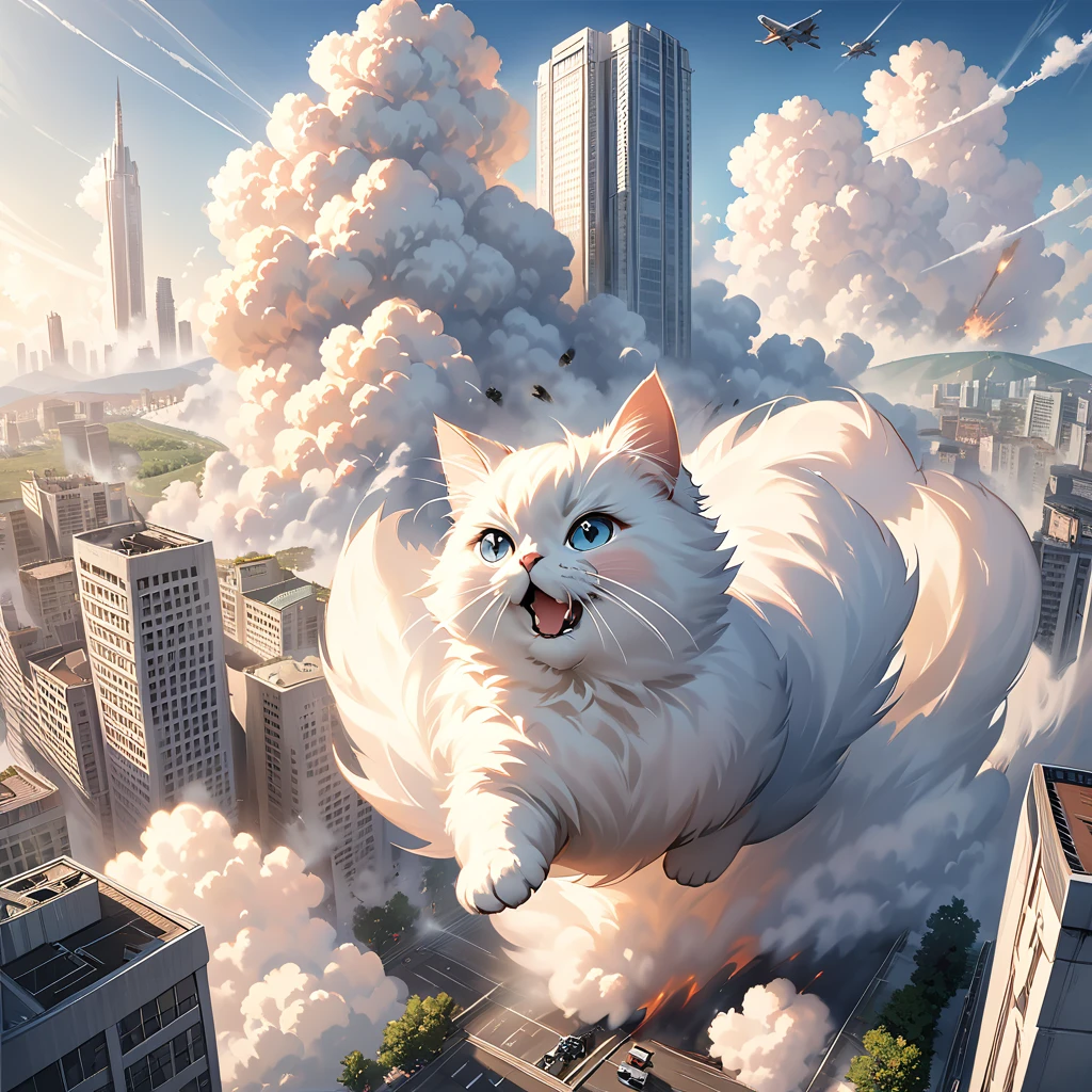 Photography,realistic,portrait,cute giant fluffy cat obliterating large city,tanks,jets,army,highrise,kicking through a building,