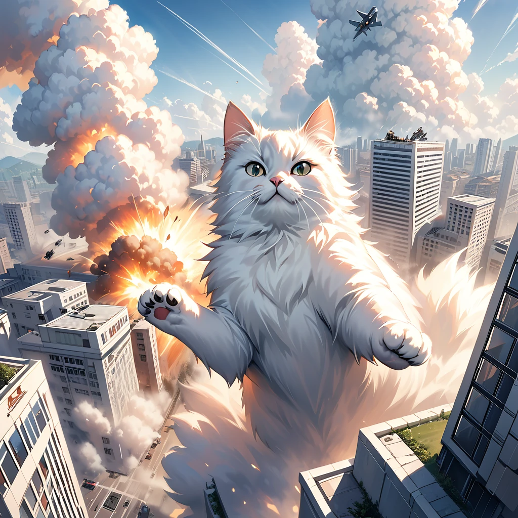 Photography,realistic,portrait,cute giant fluffy cat obliterating large city,tanks,jets,army,highrise,kicking through a building,