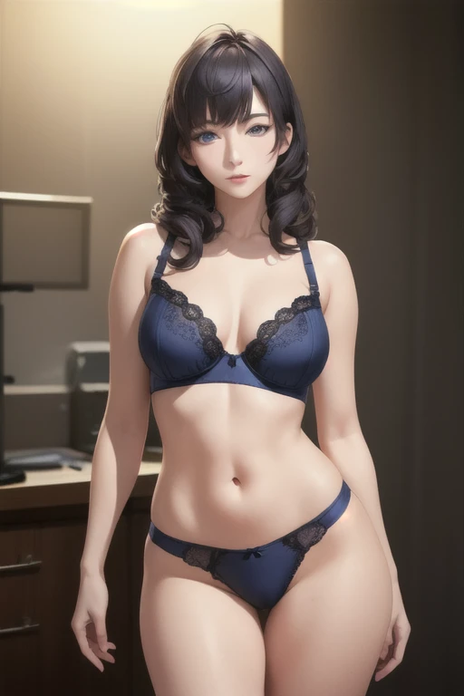 girl,Character design sheet,Beautiful attention to detail,Beautiful lip detail,Very detailed目と顔,Long eyelashes,Realistic,photoRealistic:1.37,Very detailed,Professional,Vibrant colors,Portraiture,Studio Lighting,Physically Based Rendering,High resolution,超High resolution. blue eyes,Big eyes, Close ~ eyes,Long Hair,Curly hair、Black Hair,Red cheeks,Lower eyes,White Shirt,Undressing,underwear,Waist,Thighs