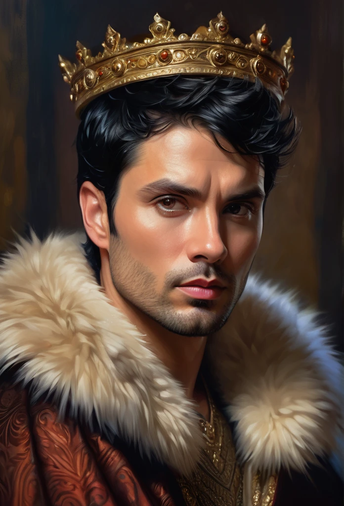 A beautiful man, with short black hair,35 year old,realisitic, digitalpainting, details Intricate, dramatic lighting, real expression, wearing a fur-lined cape, ornate crown, piercing eyes, chiseled features, weathered skin, chunky, but noble, oil painting aesthetics, Warm Color Palette, dramatic shadows, film composition