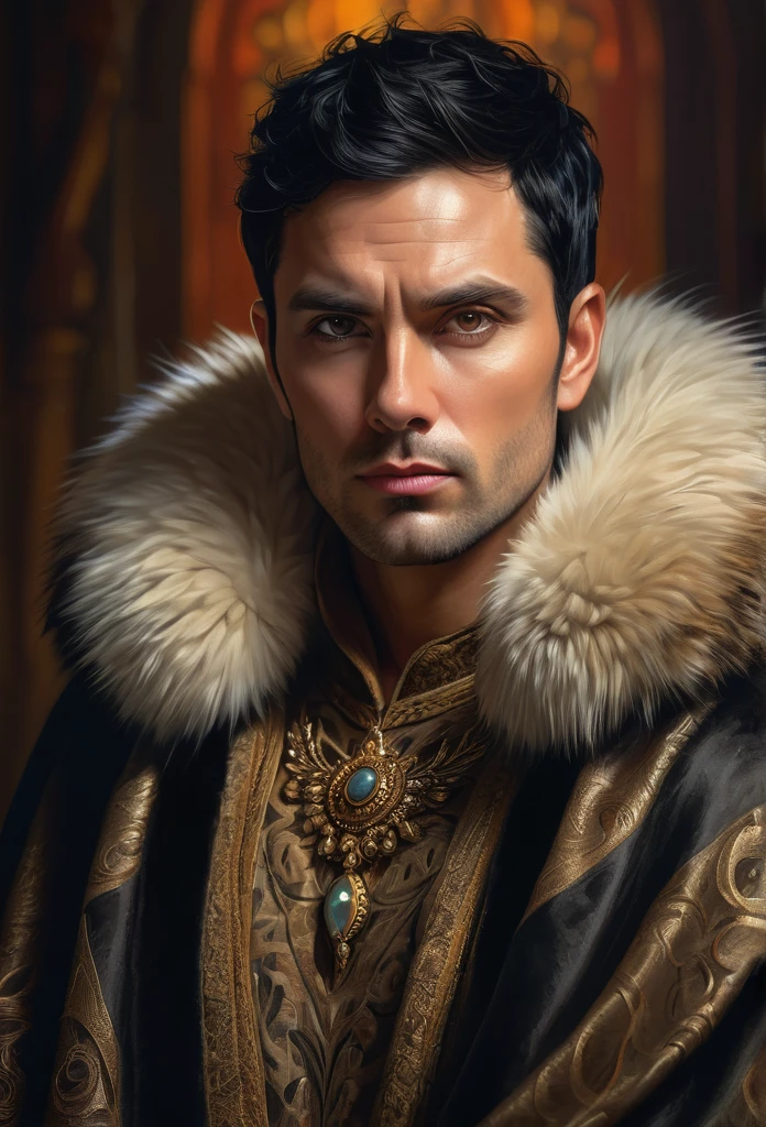 A beautiful man, with short black hair,35 year old,realisitic, digitalpainting, details Intricate, dramatic lighting, real expression, wearing a fur-lined cape, ornate crown, piercing eyes, chiseled features, weathered skin, chunky, but noble, oil painting aesthetics, Warm Color Palette, dramatic shadows, film composition