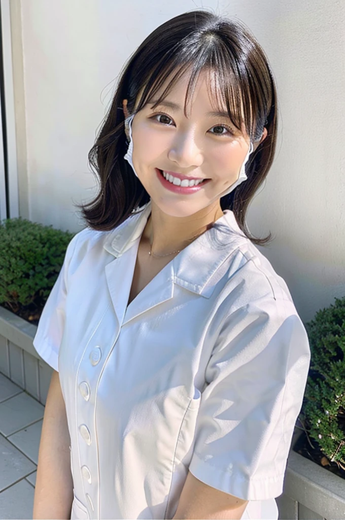 Dental hygienist wearing white nurse uniform short sleeves Japanese, black hair, early 30s woman Upper body close-up smile Shooting outside Harmony々 No accessories included