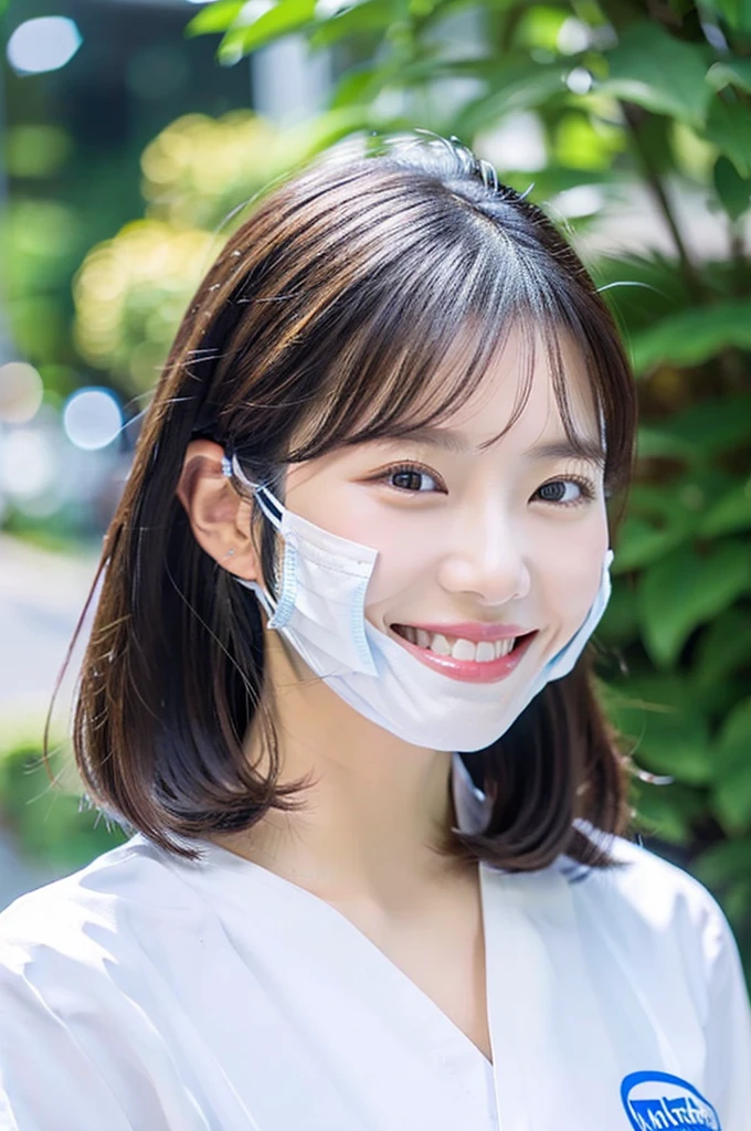 Dental hygienist wearing white nurse uniform short sleeves　Japanese, black hair, early 30s woman　Upper body close-up　smile　Shooting outside　Harmony々 　No accessories included