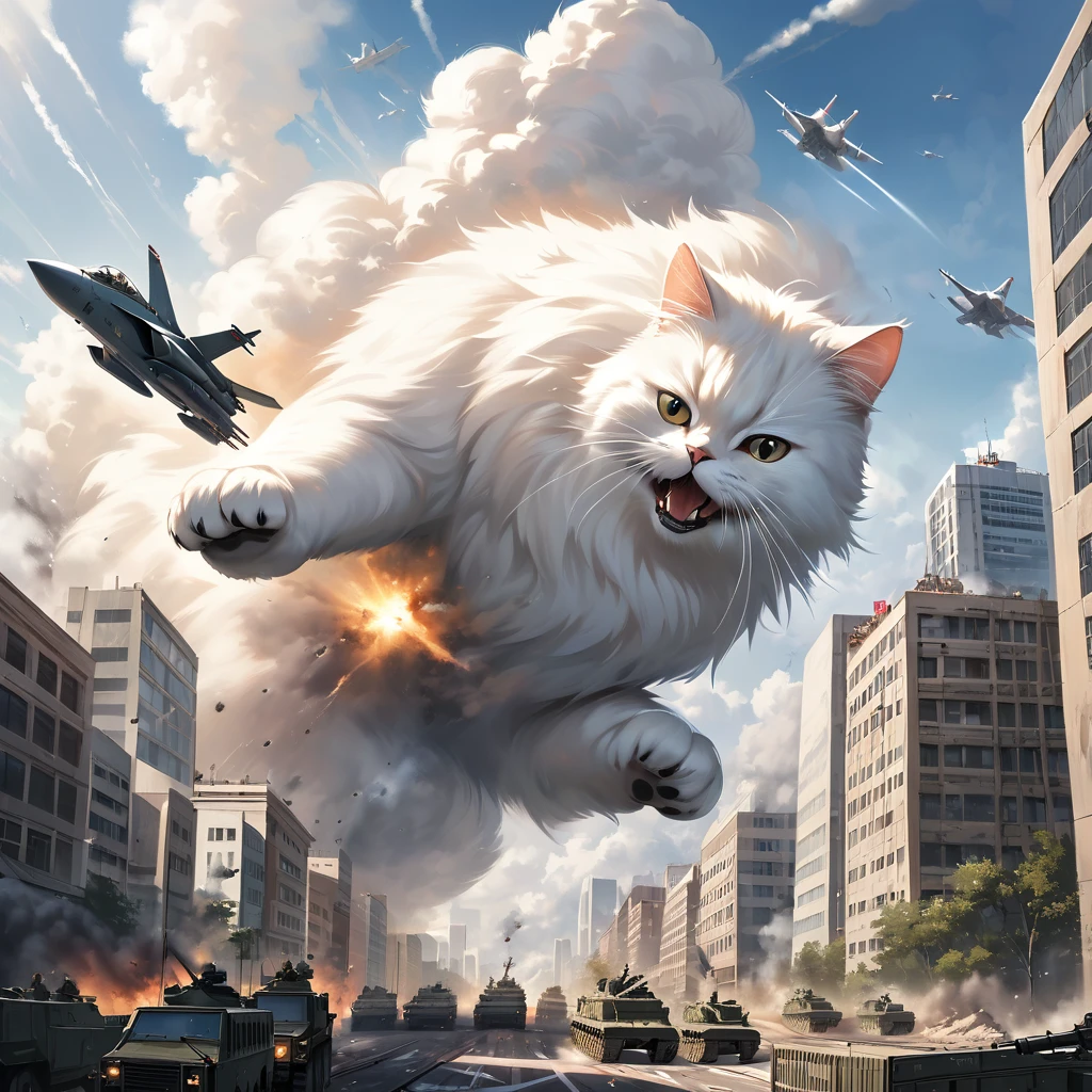 Photography,realistic,portrait,cute giant fluffy cat obliterating large city,tanks,jets,army,highrise,kicking through a building,