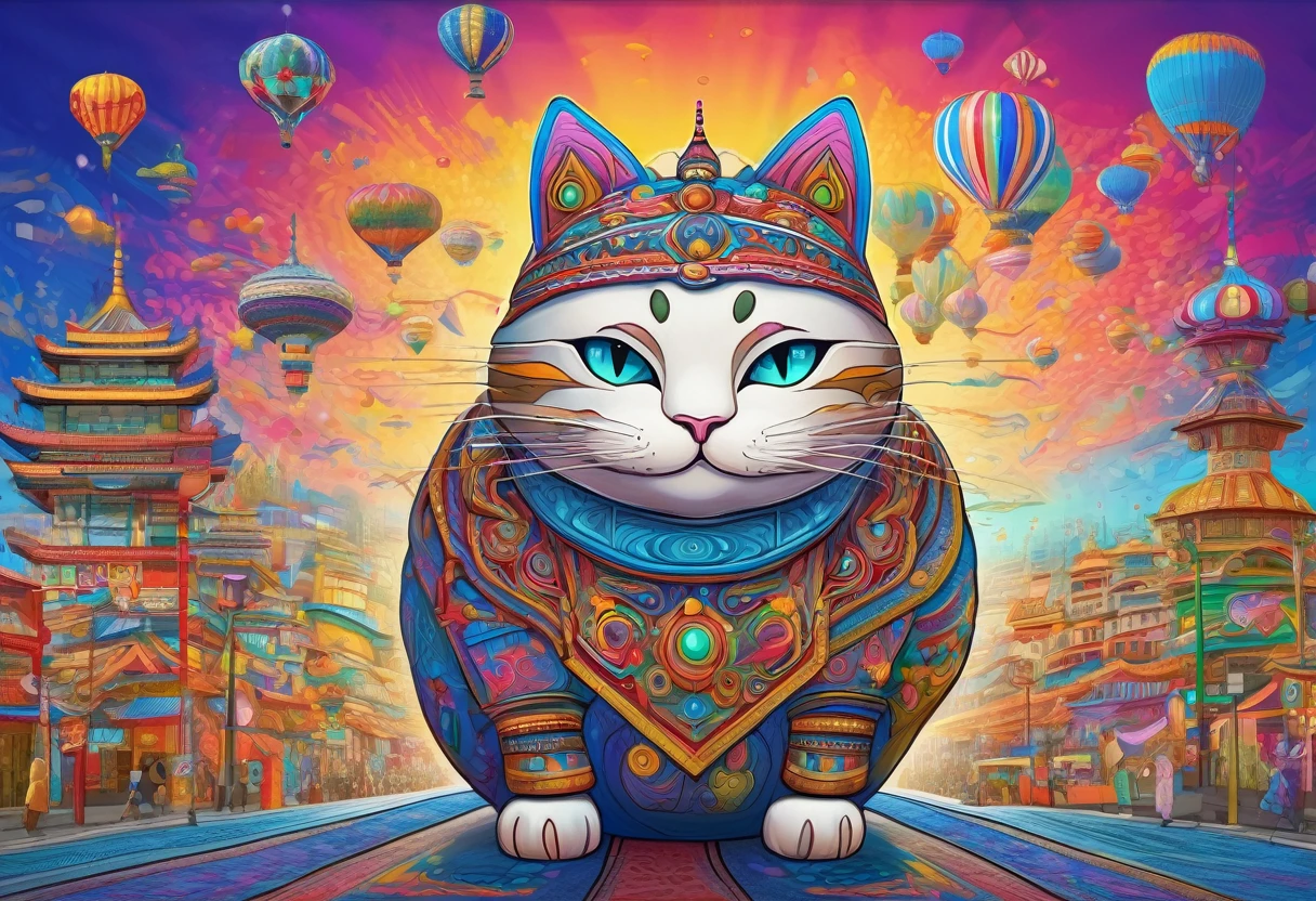 Giant anthropomorphic cat character, Traveling through Eurasia、Detailed outline, cute, Art Brut Style, Dynamic pose, whimsical expression, Bright and vibrant colors, Dynamic Lighting, Digital Painting, masterpiece, (Highest quality,4K,8k,High resolution,masterpiece:1.2),Very detailed,(Realistic,photoRealistic,photo-Realistic:1.37)