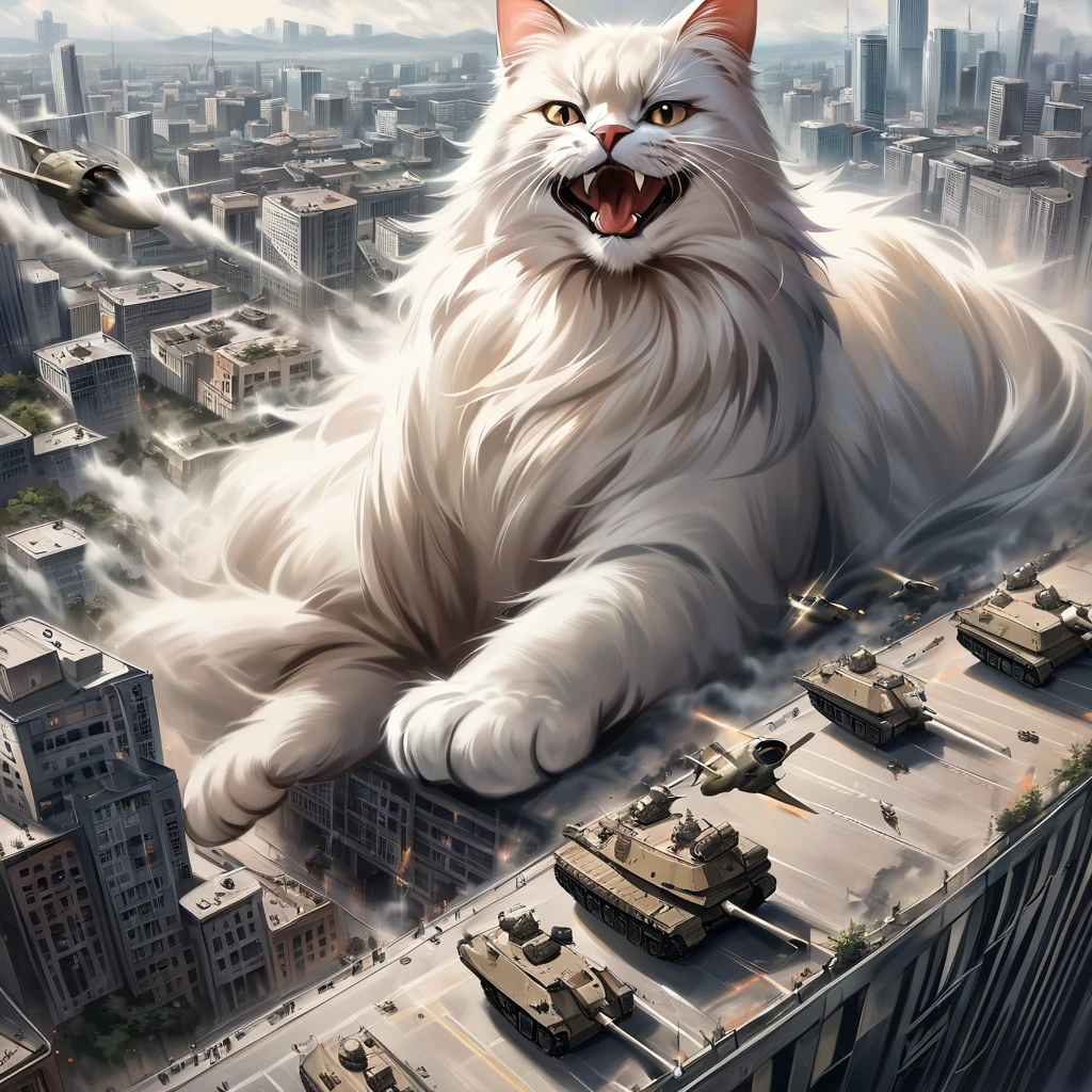 Photography,realistic,portrait,cute giant fluffy cat obliterating large city,tanks,jets,army,highrise,kicking through a building,
