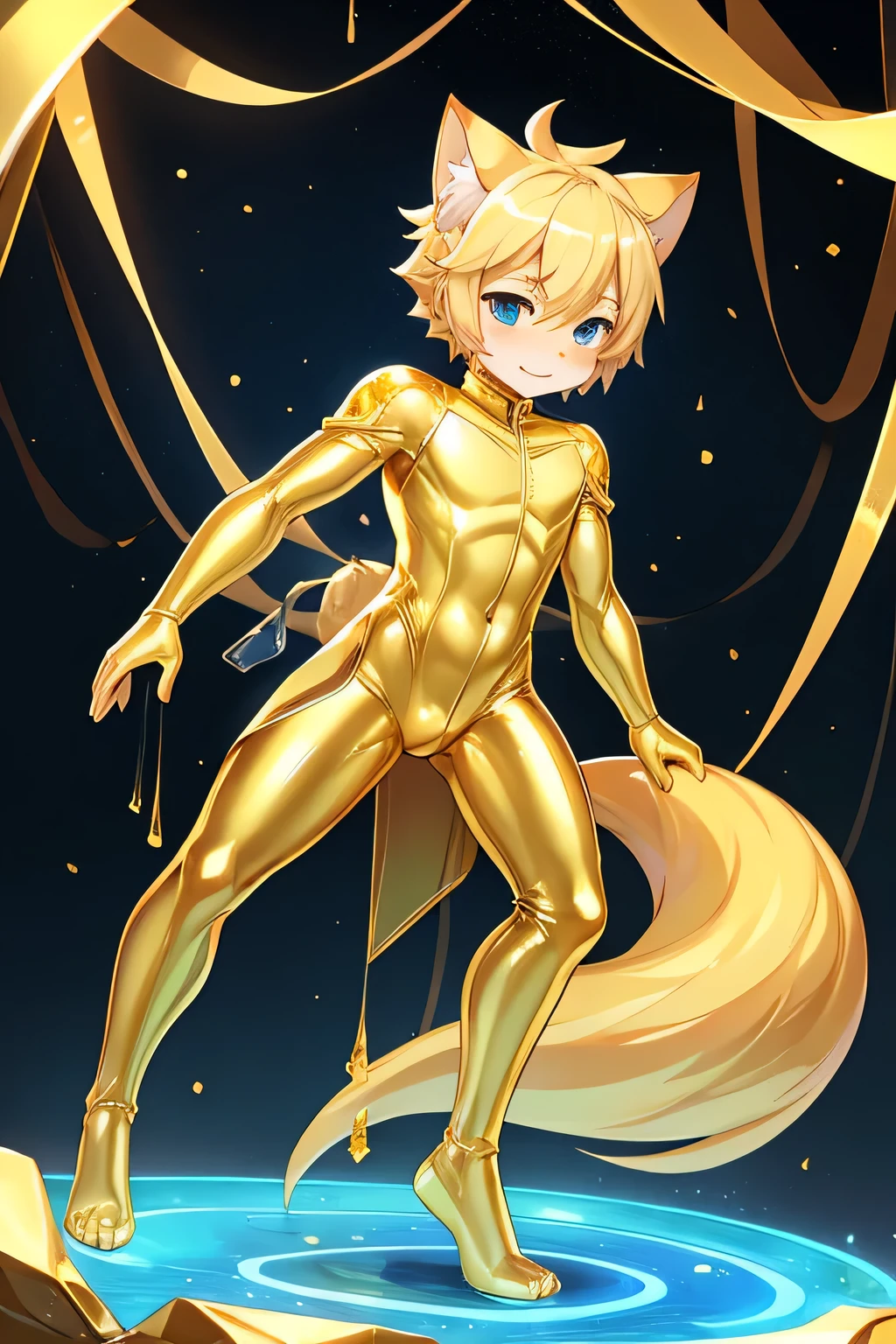 Little male cat，boys，Has a tail，charming，Thin，struggle，eternal，gold，Gold，gold crystal，Blue slime，Feet turn into gold，Hands turn into gold，gold spread feet，Gold feet，gold hand，illumination，freeze，freeze，Feet are frozen，charming，Boys ，Golden crystal feet，Wear tights，plastic，Full body portrait，Smooth，full-body tights，Thin，Gold gel coat，Full body gel coating，Gold gel coat，No clothes，rubber body，golden arms，Golden legs，Golden clothes，The whole body is golden