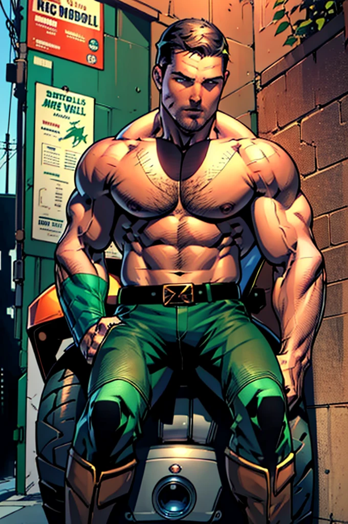 32k, high quality , detailed face , detailed hands , detailed muscles detailed motorcycle , 40 years old (((stephen amell))) standing near his (((motorcycle))), posing in a street ,(((shirtless))) standing with spread legs, showing his muscles, shirtless wearing a very very low dark green pants with brown belt, background brick wall with men health posters