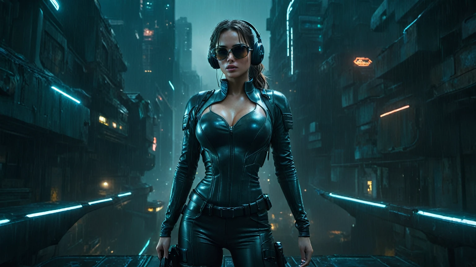 (aerial view, a flying cars docking platform, a very dark abandoned futuristic city, neon lights), rainy night. A girl as Lara Croft, solo, alone, large-breast:1.2 slim body, cleavage:1.1, sexy wind blowing wet dress:1.4, (headphone, black sunglasses), (((((she raised:1.8 a pistol:1.8 and took aim at viewer))))), dynamic pose, (((half-body thigh level medium shot))), cinematic lighting, lens flare, ray tracing.