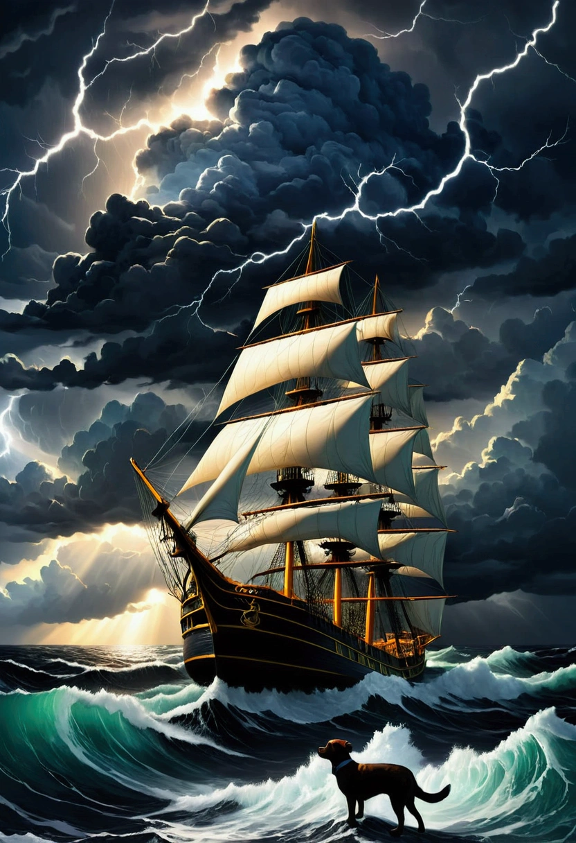 Romanticism, perspective, UHD, masterpiece, best quality,It's a vast ocean,(((dark stormy clouds))),There is a storm going on here,((Rain cats and dogs)),The monstrous waves rose one after the other,From time to time, a bolt of lightning strikes between heaven and earth,In this unforgiving sea,(((There is a stubborn sailing ship))),The Great Waves will swallow it up at any moment,But it is undaunted,Still driving in the storm,Sunlight shines through the clouds and shoots several beams,It seems to hint at the arrival of a miracle