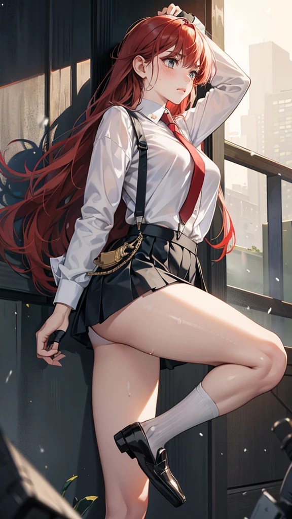 {{masterpiece}}, {{{best quality}}},{{ultra-detailed}}, {{illustration}},{{tall stature}},{{adult women}},{{Fighting stance}},,,{{blushing with anger}},,{{Long sleeve mini skirt uniform}},,,{{blushing with anger}},}{}},{fighting stance}},{},{}, ,{{}},{{Eyelet foot}},,{{From Below }},{{v-shaped eyebrows}},,{{}},{{}},,Slender body}}{{Avoidance}}{{Female police officer}},,,,suspenders　,Long sleeve mini skirt uniform, White High Socks,Black fingerless gloves, Long Red Hair, Red tie,Straight hair ,Blunt bangs,Thigh holster,.amountn loafer,,blush,Wrinkles ,amount,Grit your teeth,suffering,.,Sweat dripping,Medium chest ,get annoyed,,Slums,,Twisting,