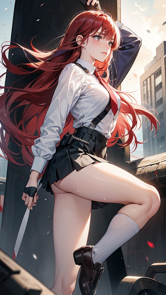 {{masterpiece}}, {{{best quality}}},{{ultra-detailed}}, {{illustration}},{{tall stature}},{{adult women}},{{Fighting stance}},,,{{blushing with anger}},,{{Long sleeve mini skirt uniform}},,,{{blushing with anger}},}{}},{fighting stance}},{},{}, ,{{}},{{Eyelet foot}},,{{From Below }},{{v-shaped eyebrows}},,{{}},{{}},,Slender body}}{{Avoidance}}{{Female police officer}},,,,suspenders ,Long sleeve mini skirt uniform, White High Socks,Black fingerless gloves, Long Red Hair, Red tie,Straight hair ,Blunt bangs,Thigh holster,.amountn loafer,,blush,Wrinkles ,amount,Grit your teeth,suffering,.,Sweat dripping,Medium chest ,get annoyed,,Slums,,Twisting,