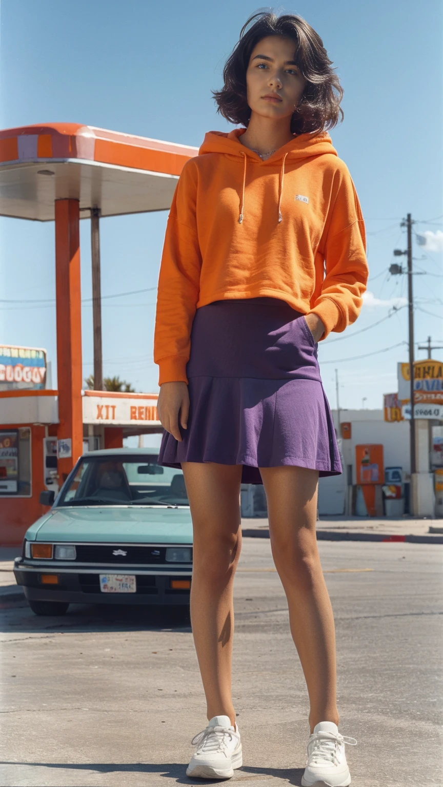 photo cinematic photograph long shot portraits by Wes Anderson, cute 23 yo girl ,fokus, bokeh ,wear ((orange oversized_hoodie)), wear ((purple tennis skirt)),looking front,Best Quality,Masterpiece,Ultra High Resolution,(Realisticity:1.4),Original Photo, 1Girl, light leak,ultra high resolution,UHD,beautiful, (black bob hair), almond eye, no makeup, in front of ((80's colorful los angles gas station)), (realistic:1.2), (surreal:1.3), (very detailed:1.1), ((masterpiece)),summer, blue sky, palm trees,sunny, los angles vibes,film camera, 800mm lens,style of Philip Lorca diCorcia