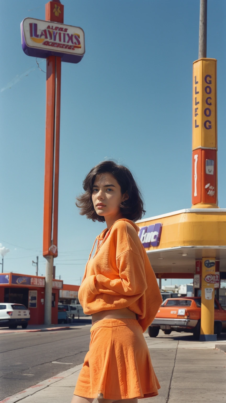 photo cinematic photograph long shot portraits by Wes Anderson, cute 23 yo girl ,fokus, bokeh ,wear ((orange oversized_hoodie)), wear ((purple tennis skirt)),looking front,Best Quality,Masterpiece,Ultra High Resolution,(Realisticity:1.4),Original Photo, 1Girl, light leak,ultra high resolution,UHD,beautiful, (black bob hair), almond eye, no makeup, in front of ((80's colorful los angles gas station)), (realistic:1.2), (surreal:1.3), (very detailed:1.1), ((masterpiece)),summer, blue sky, palm trees,sunny, los angles vibes,film camera, 800mm lens,style of Philip Lorca diCorcia