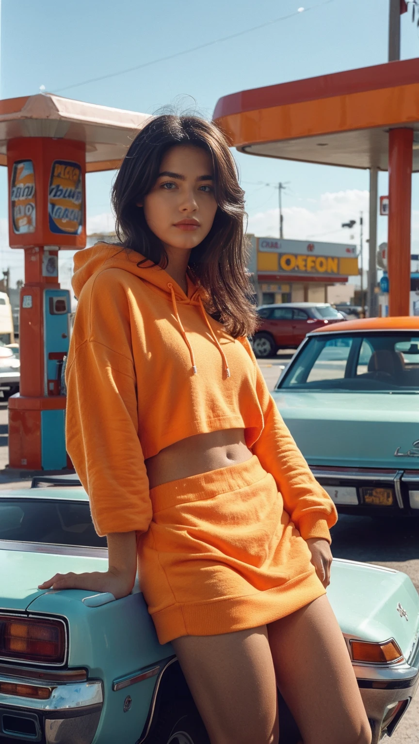  photo cinematic photograph long shot portraits by Wes Anderson, cute 23 yo girl ,fokus, bokeh ,wear ((orange oversized_hoodie)), wear ((purple tennis skirt)),looking front,Best Quality,Masterpiece,Ultra High Resolution,(Realisticity:1.4),Original Photo, 1Girl, light leak,ultra high resolution,UHD,beautiful, (black bob hair), almond eye, no makeup, in front of ((80's colorful los angles gas station)), (realistic:1.2), (surreal:1.3), (very detailed:1.1), ((masterpiece)),summer, blue sky, palm trees,sunny, los angles vibes,film camera, 800mm lens,style of Philip Lorca diCorcia