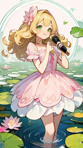 A cute anime idol girl, medium-length blonde hair, wavy hair, side bangs, light green eyes, holding a microphone, singing, smiling, pastel waterlily-inspired dress, coquette, lily pads, pink waterlilies, detailed outfit, girly dress, bows, coquette, pink and white dress, waterlily hair accessories, white background, facing the viewer, detailed