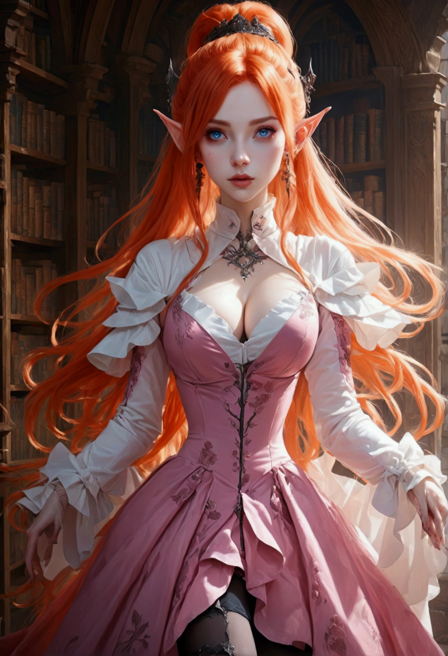 arafed a picture of elf vampire in her castle. an exquisite beautiful, busty, female elf vampire (ultra details, Masterpiece, best quality), full body, ((anatomically correct: 1.5) bloody mouth, orange hair, pale skin, hair in a ponytail, long hair, blue eyes, (small pointed ears: 1.2), cold eyes, smirking, wearing pink dress (ultra details, Masterpiece, best quality), red cloak, wearing high heels, in dark fantasy library, book shelves, vibrant, Ultra-high resolution, High Contrast, (masterpiece:1.5), highest quality, Best aesthetics), best details, best quality, highres, ultra wide angle, 16k, [ultra detailed], masterpiece, best quality, (extremely detailed) RAW, dark fantasy art, gothic art, wearing Haute_Couture designer dress, Dark Novel, Dark Art Painting Style, dripping blood, hud_s1n, short black dress, long sleeves, veil, thighhighs, digital painting, Bloodborne