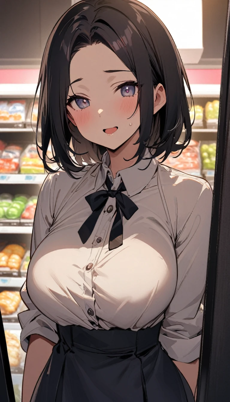 In front of the vending machine、high school girl、Black bob hair、hairpin、Open-mouthed expression of joy、Drooling((She stares at my penis with pleasure))、Hearts in the eyes、Large Breasts、深いvalley、Open the buttons on your shirt、valley、valley、nsfw