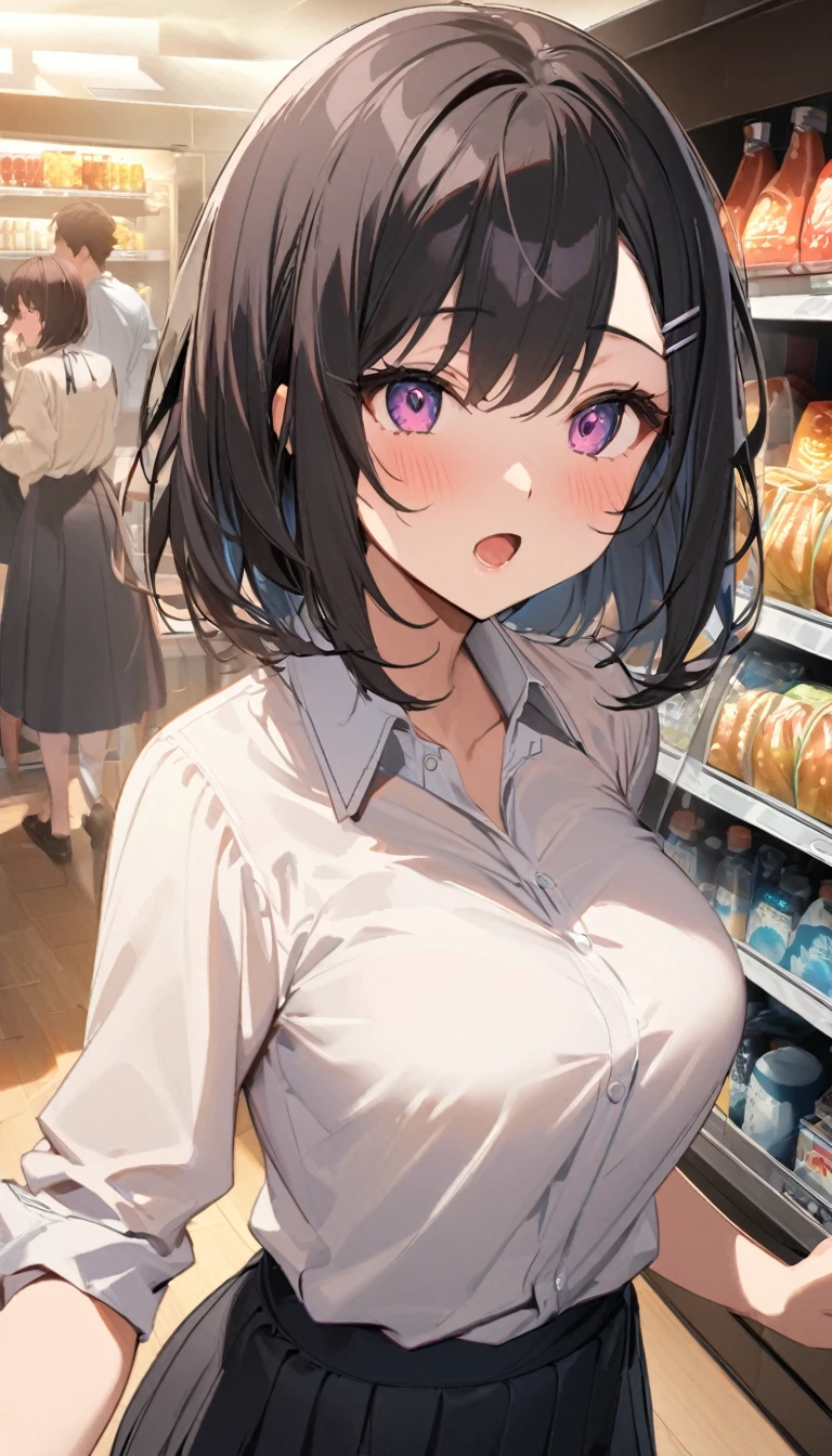 In front of the vending machine、high school girl、Black bob hair、hairpin、Open-mouthed expression of joy、Drooling((She stares at my penis with pleasure))、Hearts in the eyes、Large Breasts、深いvalley、Open the buttons on your shirt、valley、valley、nsfw