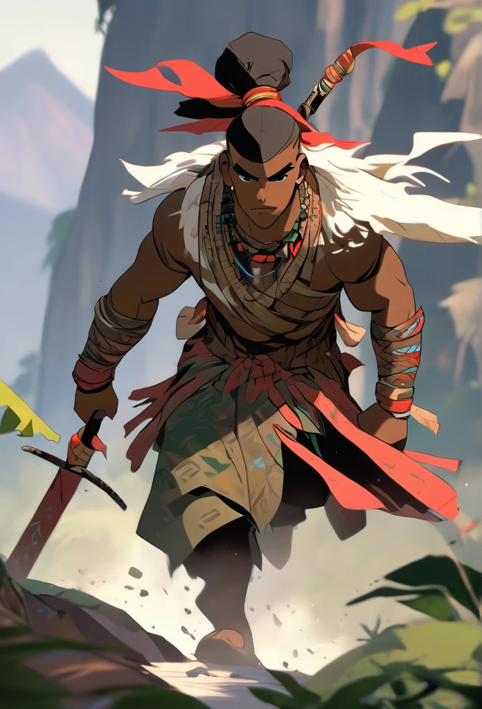 Ultra Realistic, Highly Defined Details, Jungle Tribal Village In The Foreground, Shadowy Distant Back Drop, Jungle Foggy Misty Rainforest Sensory, Mellow Color Shading Capturing the Mode, Young Adult African Male Villager, Bent Over Climbing, Valley Below, Climbing With Boath Hands, Piercing Gaze, Serious Sharp Facial Features, Fit Athletic Muscular Physique, Bone Mail Armor, Peaces of tribal decorations tied to armbands, Bone chest plate armor, Lightly armored belt buckle dagger in a sheath, Bone carved Hilt, Long Curved Sword, wrapped in crimson decorated cloth Worn On the Back, Dark Torn Crimson Cloak, Distant Shot Full Body View, Walking, Windy Sean Leaves Blowing, Mountain Climbing, Scaling a Clif, Climbing With Hands, Snowy Mountain Peaks, Windy Snow, On Hands and Knees Climbing