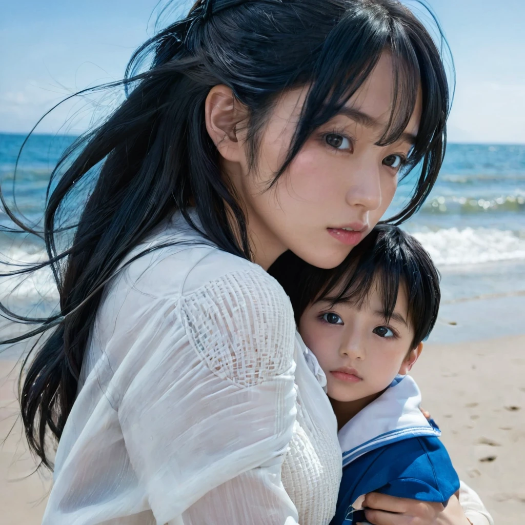 gorgeous 19 y.o. girl,gorgeous girl, score_9,score_8_up,score_7_up,source_anime,masterpiece,best quality, ((black hair)),make up, opened eyes, black eyes,full clothing,a woman with her son,((woman hugging son,1 kid,)),duo,realistic skin,realistic,kid,at the beach,wearing beach clothes