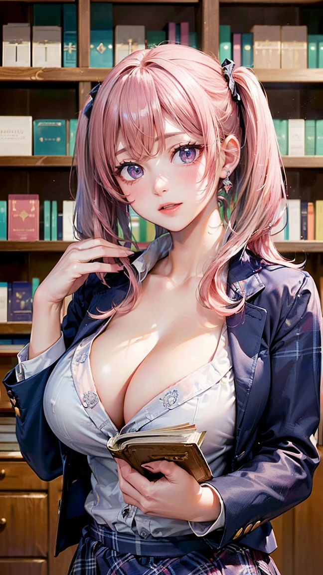 ((Highest quality, 8k, masterpiece :1.3)), (Sharp focus :1.2, Beautiful woman with perfect figure :1.4, Slim Abs), ((Big Breasts, Emphasize cleavage:1.2)), (Photorealistic:1.4), (realistic:1.4), (Pink Hair:1.5), Highly detailed face and skin texture, Fine grain, double eyelid. Makeup face, A little bit of lipstick, sex appeal, Sexy gravure pose, ((She wore a navy blue blazer and a checked skirt.、A high school girl with her hair in twin tails、Smiling sexily while picking out a book from a library shelf。Old books lined up in the background。:1.3)