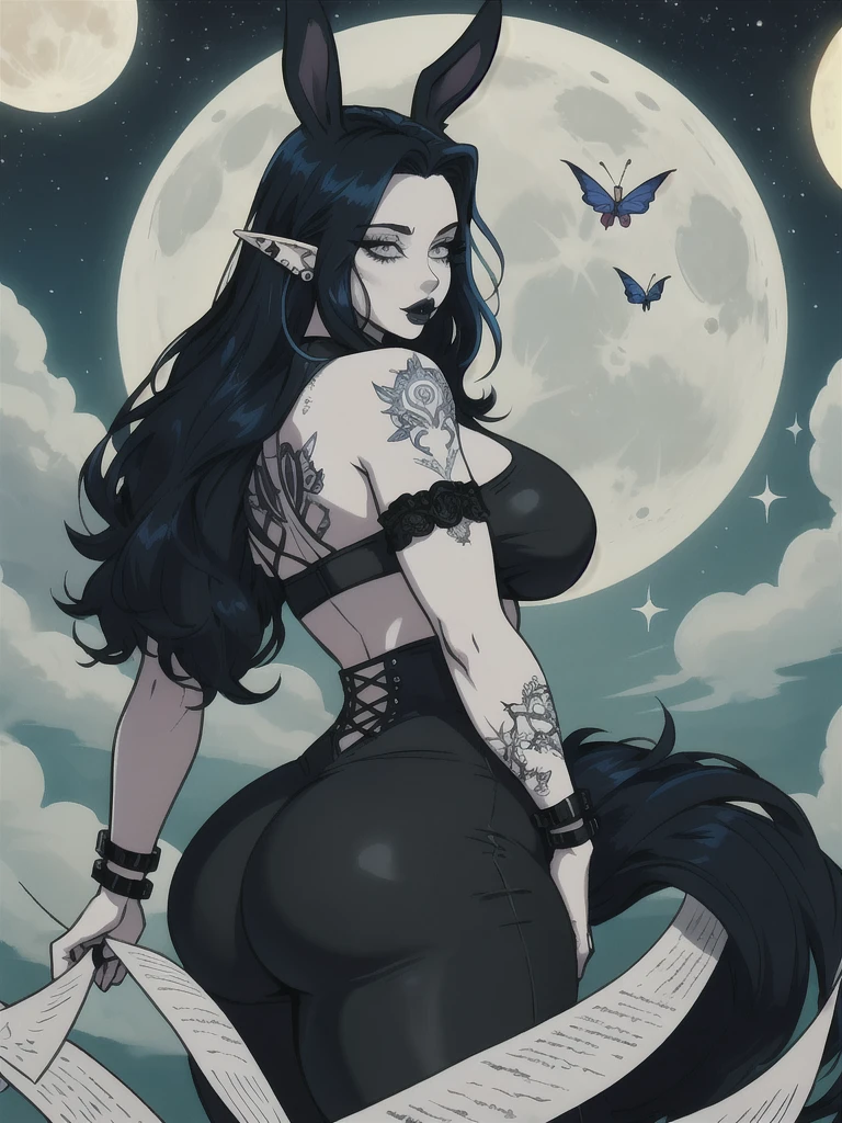 draw anime cartoon. goth. black lipstick. bunny ears. night background. grey eyes. paper vampire white skin. piercings. tattoos. elf ears. dark and colorful hair. bigger body frame. oversized body type. female, chubby, fat, stretch marks, dark black hair, half blue hair, big hips, bugs butt, big cheat, big waist, outside nackground, moon in sky, Galaxy background, fat chick,