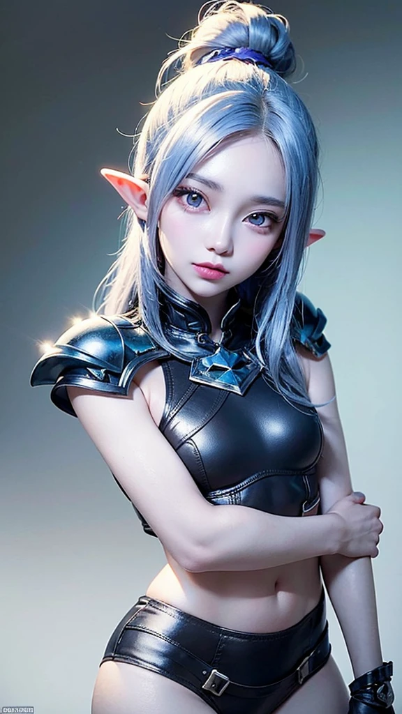 a blue-skinned elf girl with blue-grey hair tied up in a high ponytail, extremely detailed eyes,beautiful detailed purple eyes, beautiful detailed lips, wearing leather armor, action pose, fantasy, fantasy character, high quality, 8k, ultra-detailed, photorealistic, photo-realisti c, physically-based rendering,vivid colors, dramatic lighting. Small bust