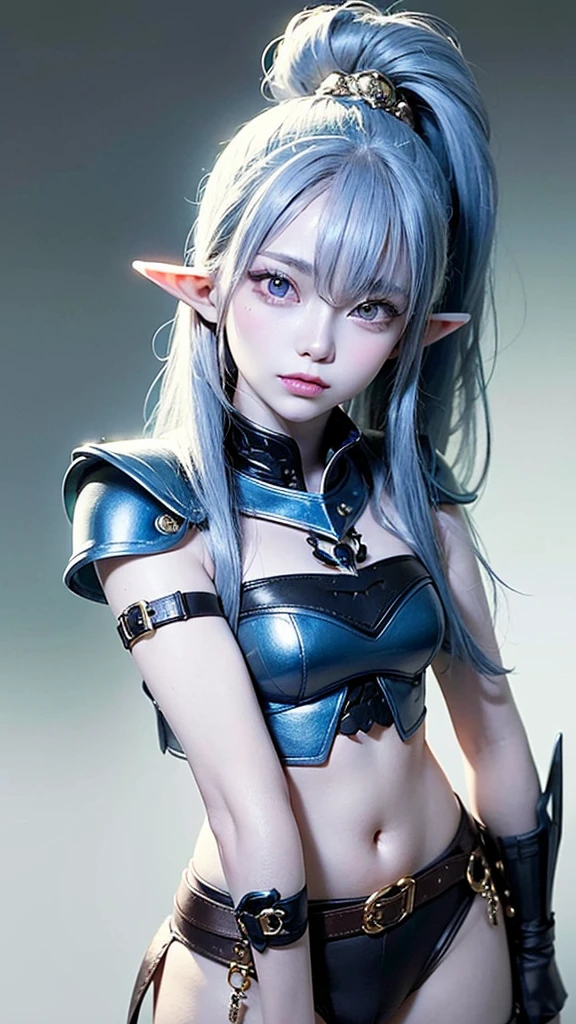 a blue-skinned elf girl with blue-grey hair tied up in a high ponytail, extremely detailed eyes,beautiful detailed purple eyes, beautiful detailed lips, wearing leather armor, action pose, fantasy, fantasy character, high quality, 8k, ultra-detailed, photorealistic, photo-realisti c, physically-based rendering,vivid colors, dramatic lighting. Small bust