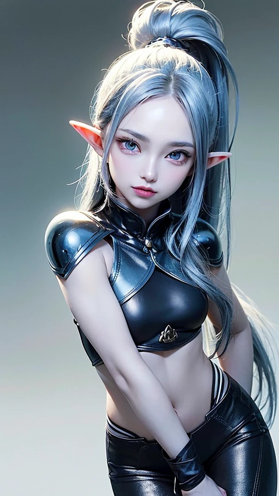 a blue-skinned elf girl with blue-grey hair tied up in a high ponytail, extremely detailed eyes,beautiful detailed purple eyes, beautiful detailed lips, wearing leather armor, action pose, fantasy, fantasy character, high quality, 8k, ultra-detailed, photorealistic, photo-realisti c, physically-based rendering,vivid colors, dramatic lighting. Small bust