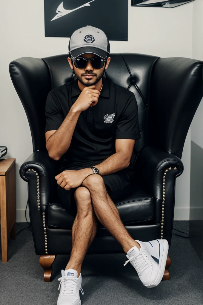 Create a 3D illusion for a WhatsApp profile picture where a boy in a black shirt sits casually on a Wingback Chair. Wearing sneakers ,a black cricket cap, and sunglasses, he looks ahead. The background features "Ali Abas" in big and capital white fonts on the black wall. There should not be his shadow, and there are wings to make it appear as if he is an angel