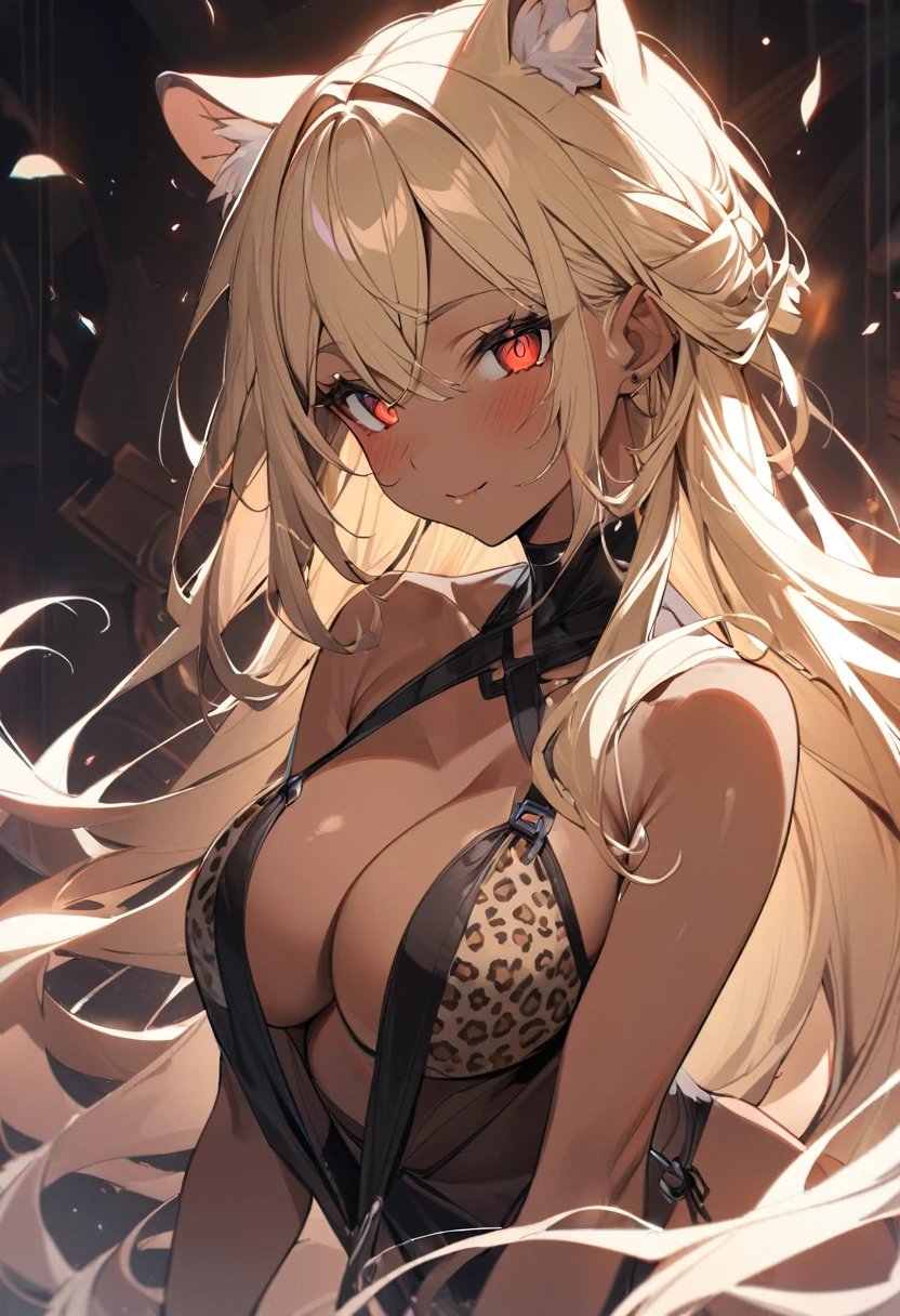 masterpiece, Highest quality, Very detailed, One girl, Improve,alone, (Dark brown skin:1.2), Bird, (Huge saggy breasts:1.4), ((((Blonde), Long Hair, Red eyes, elongated pupils))), Lips parted, (((Slingshot swimwear, leopard pattern))), ((blush, Mischievous Smile), Mouth closed, ((Show your armpits))