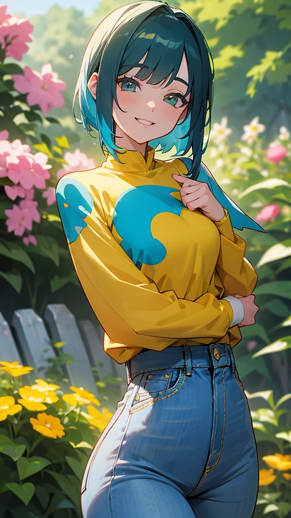 Anime, lena in yellow shirt and blue jeans smiling in garden, Anime Style, high definition, highly detailed, ultra detailed, bright and joyful colors, epic, vibrant colors, 8K