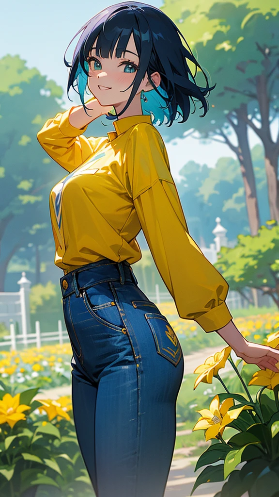 Anime, lena in yellow shirt and blue jeans smiling in garden, Anime Style, high definition, highly detailed, ultra detailed, bright and joyful colors, epic, vibrant colors, 8K
