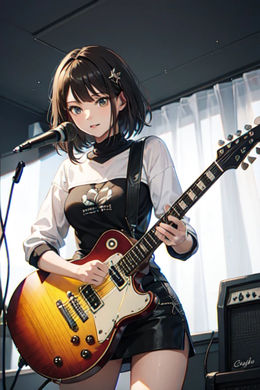 (((NSFW)))、((Masterpiece, Highest quality、Super detailed, Attention to detail))、Tabletop、girl、((high school girl、Black Hair、(Very Short Hair)、Slit eyes、Red Eyes、eight-headed body、Model-like style、Slender、School uniforms))、(White Shirt、Black Skirt、Black knee-high socks、Black Loafers)、Silver earringultiple silver accessories、Silver Ring、Silver Ring、bandギャル、(((Red electric guitar)))、(((liveハウス、live、band、Dim lighting)))、(((Standing and playing guitar)))、((live、Playing the guitar、On stage))、((No bra、No underwear))、(((Sweating a lot、Sweat dripping、Sweat vapor)))、(((Wet Hair)))、(((Body odor)))、((Sweaty smell、Clothes get wet、Sweat stains))、((((Love juice overflows from the vagina))))、((Angle from below、I can see the vagina))、((Skirt flipped up))、smile、((((Dildo in vagina))))