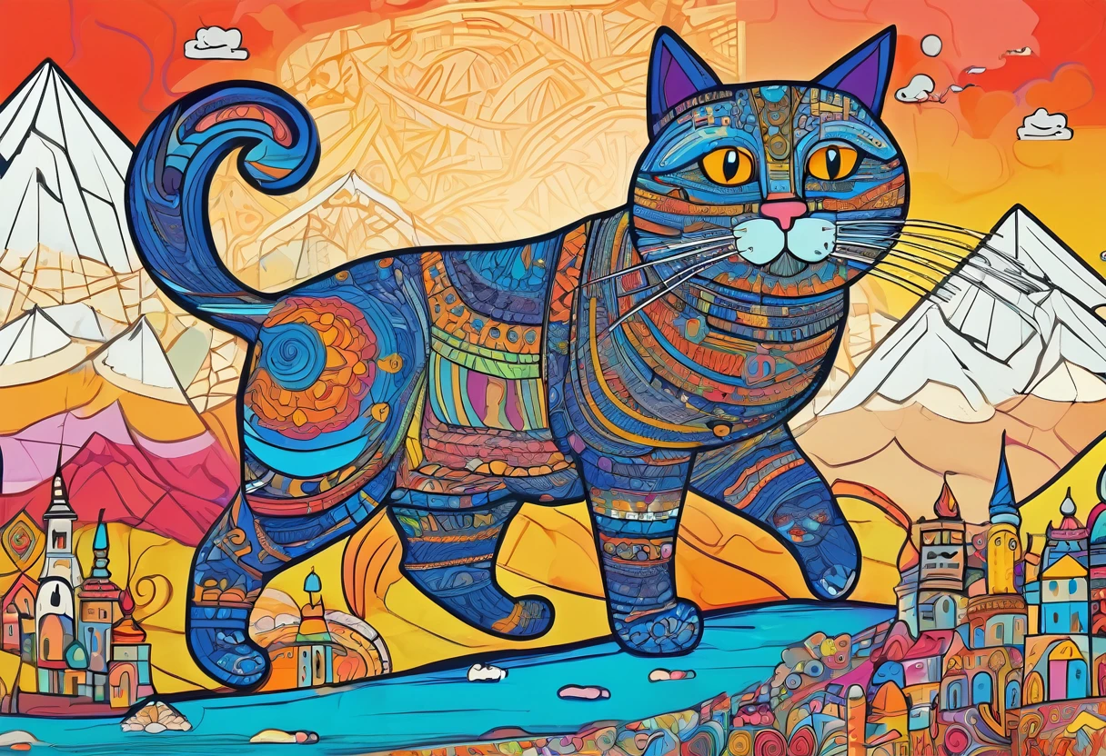 Giant anthropomorphic cat character, Traveling through Eurasia、Detailed outline, cute, Art Brut Style, Dynamic pose, whimsical expression, Bright and vibrant colors, Dynamic Lighting, Digital Painting, masterpiece, (Highest quality,4K,8k,High resolution,masterpiece:1.2),Very detailed,(Realistic,photoRealistic,photo-Realistic:1.37)