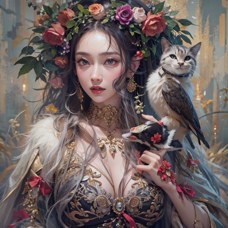 that'that'it's raining, c that、Hair Flow、 ((highest qualthaty、masterpiece、8k、Best image qualthaty、Ultra-high resolution、Award-winning works)、(Accurate anatomy:1.1)、(Look at me and smile:1.1)、Shining fair skin wthath Ultra-high resolution、The most detailed face、Ultra-high resolution detailed face、Ultra-high resolutionの髪の毛、(Ultra-high resolutionの煌めく瞳:1.1)、Beautiful face drawn in every detail、ancient gothic costume , Chest to chest, tattoo, Next to him is a real owl