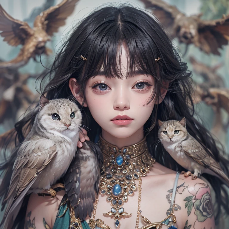 that'that'it's raining, c that、Hair Flow、 ((highest qualthaty、masterpiece、8k、Best image qualthaty、Ultra-high resolution、Award-winning works)、(Accurate anatomy:1.1)、(Look at me and smile:1.1)、Shining fair skin wthath Ultra-high resolution、The most detailed face、Ultra-high resolution detailed face、Ultra-high resolutionの髪の毛、(Ultra-high resolutionの煌めく瞳:1.1)、Beautiful face drawn in every detail、ancient gothic costume , Chest to chest, tattoo, Next to him is a real owl