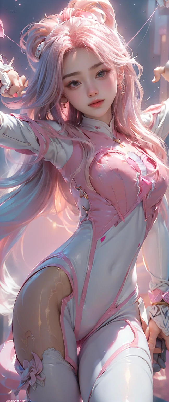 masterpiece、detailed、16K、shiny skin、1girl、(magical girl flying in the night sky)、(Wearing a white and pink rider suit:1.5)、Are standing、big breasts、BIG ASS、(focus on chest)、pink long blonde、ponytail、brown eyes、(Highly detailed eyes and face)、Accurately drawn face、(intricate pink and white zentai、Golden hairpin、vivid contrasting colors、intricately designed details:1.2)、(best ratio 1 thumb、Refers to 4 books:1.3)、(heart shaped pink effect:1.5)、(dynamic pose)、(Ghost Smile)、(open your arms:1.5)、(Sparks dance in the night sky:1.3)、(view from below)、
