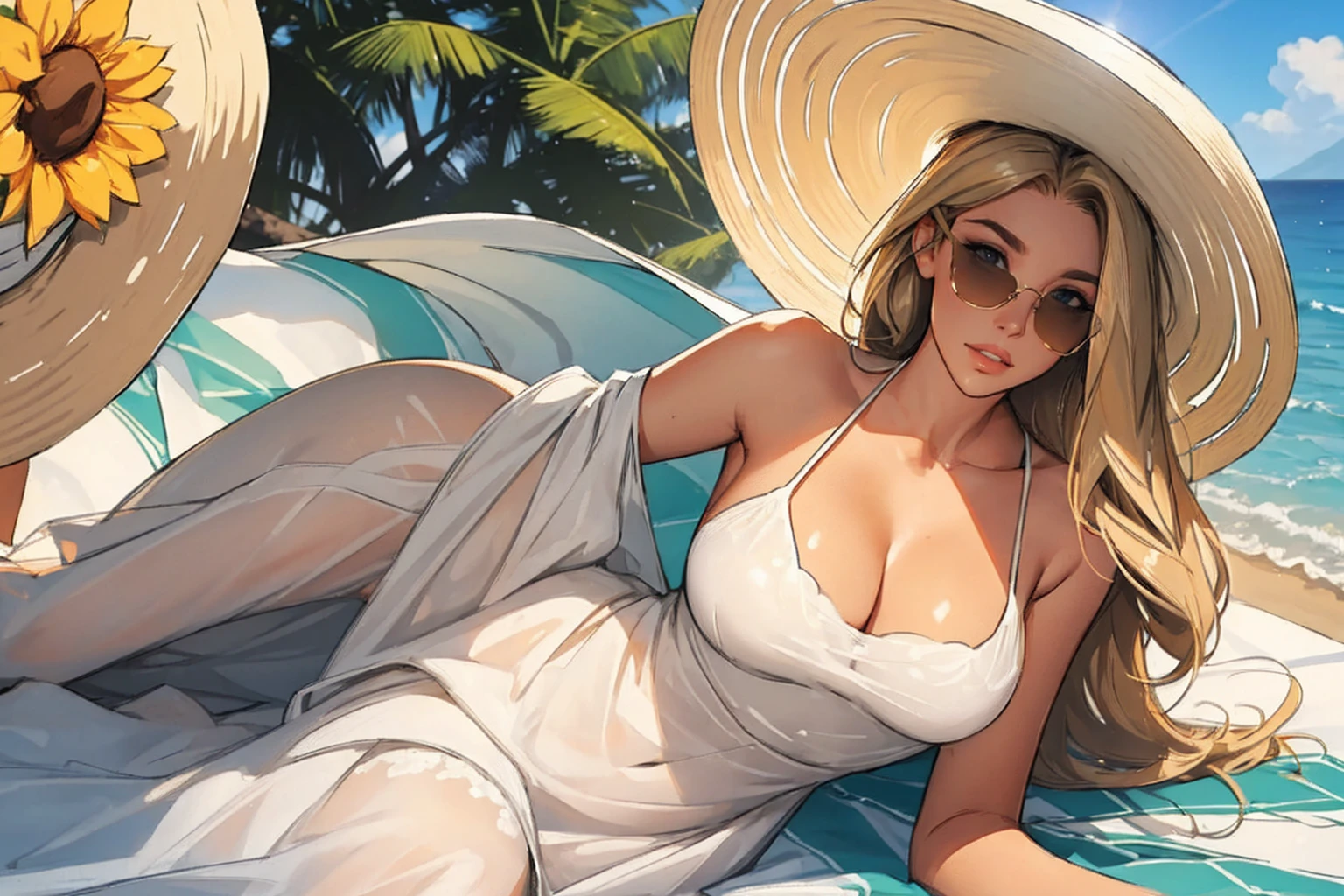 (best quality: 1.2), clean face, (masterpiece: 1.2, 8k) perfect anatomy, 1girl,a beautiful fashion model ,(masterpiece, official art, best quality  shiny hair, blonde hair with streaks in hair, full lips,  big breasts, slutty outfit, cleavage, shiny skin, looking at viewer, (sun dress, sun hat, sun glasses), long abdomen, horizontal, laying seductively