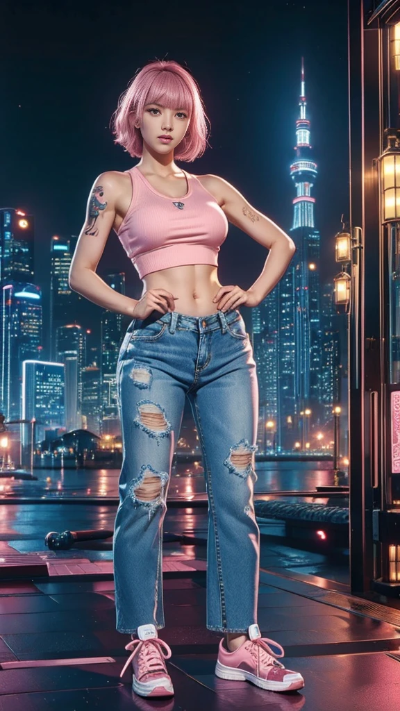 Cute Japanese woman, (16 years old), (very cute face: 1.3), red lips, white moist skin, moles, melancholy expression,
BREAK,
Body of female fitness model, hard-toned feminine body, (muscles: 1.2), (beautiful belly button),
BREAK,
Martial artist, kung fu fighter, idol,
BREAK,
(oversized jeans: 1.3), (tank top), (white sneakers: 1.3), very large earrings, short length,
BREAK,
Short hair, (short bob hair), (bangs: 1.2), (pink hair: 1.3), (wavy hair),
BREAK,
(very large Japanese sword: 1.4), (holding the handle of a Japanese sword in hand: 1.3), (fighting: 1.2), (taking a fighting stance), (beautiful Japanese sword: 1.2)
BREAK,
(Japanese tattoo: 1.4),
BREAK,
Masterpiece, perfect lighting, ultra high resolution, 8K, (Very detailed:1.4), (Front view), Looking at camera,
BREAK,
(Tokyo Tower:1.2), (Large tower background), (Neon lights:1.2)