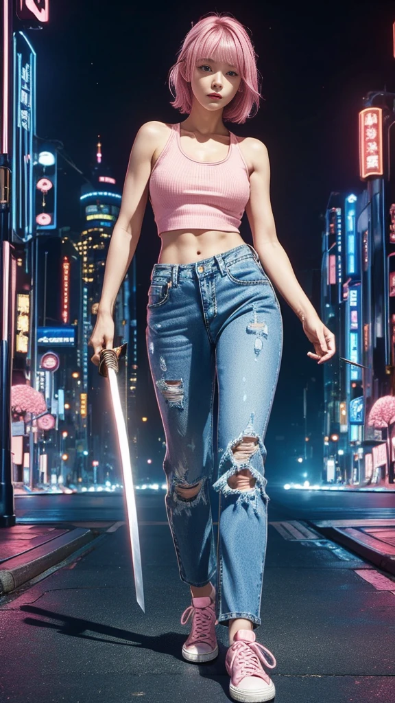 Cute Japanese woman, (), (very cute face: 1.3), red lips, white moist skin, moles, melancholy expression,
BREAK,
Body of female fitness model, hard-toned feminine body, (muscles: 1.2), (beautiful belly button),
BREAK,
Martial artist, kung fu fighter, idol,
BREAK,
(oversized jeans: 1.3), (tank top), (white sneakers: 1.3), very large earrings, short length,
BREAK,
Short hair, (short bob hair), (bangs: 1.2), (pink hair: 1.3), (wavy hair),
BREAK,
(very large Japanese sword: 1.4), (holding the handle of a Japanese sword in hand: 1.3), (fighting: 1.2), (taking a fighting stance), (beautiful Japanese sword: 1.2)
BREAK,
(Japanese tattoo: 1.4),
BREAK,
Masterpiece, perfect lighting, ultra high resolution, 8K, (Very detailed:1.4), (Front view), Looking at camera,
BREAK,
(Tokyo Tower:1.2), (Large tower background), (Neon lights:1.2)