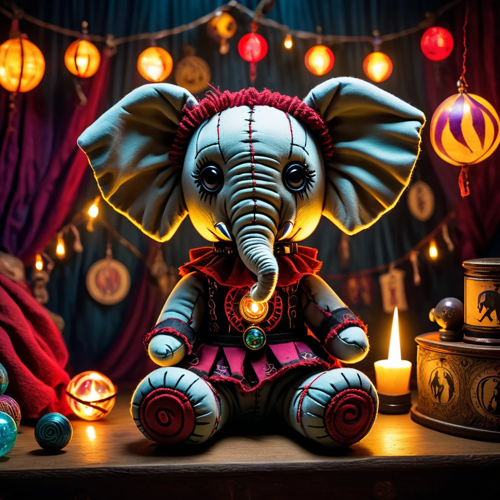 (knitted toy voodoo doll:1.7), (Voodoo Elephant Seer:1.3), (Clothing: tattered robes with dark runes:1.0), (Accessories: enchanted crystal ball, glowing sinister tarot cards:1.2), (background: eerie circus tent with floating, glowing spectral visions and creepy lights:1.2), best quality, masterpiece, detailed soft oil painting, detailed background, dramatic cinematic lighting, soft edge lighting, professional, dramatic lighting, hard edge lighting, ultra quality, 4k, masterpiece, best quality, 8k, ultra high definition, high resolution, extremely detailed