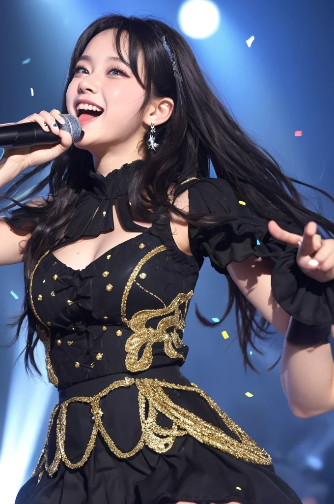 ((masterpiece:1.4, best quality)), ((masterpiece, best quality)), (magnificent panorama view:1.3), (detailed face:1.3),  face, Cute , 1girl, solo, medium hair, black hair, ordinary idol costume, An idol who dances on stage, live stage, music festival, cute  holding a hand microphone to her mouth, (spotlight:1.5), light stick, sky blue eyes, smile, happy, yell, wide shot, perspiration, fine confetti,whole body